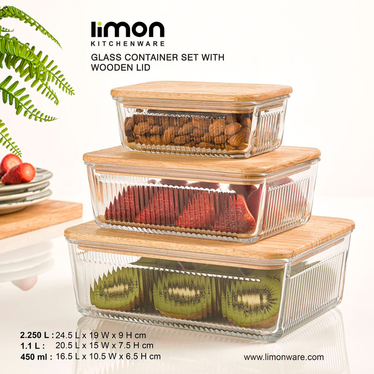 ست ظرف شیشه ای مستطیل شیاردار درب چوبی (لیمون) ۲۲۱۱