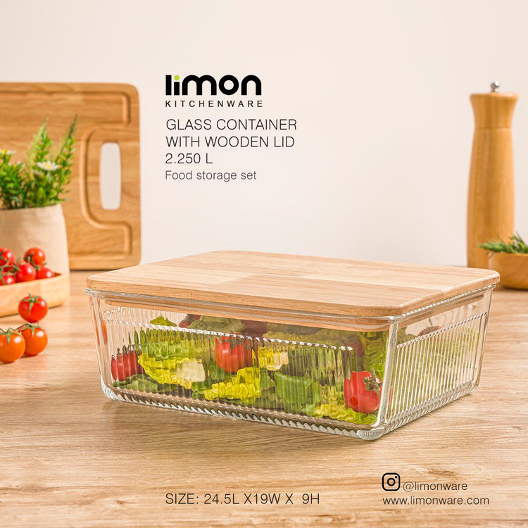 ظرف شیشه ای مستطیل 2,25 لیتر0درب چوبی(لیمون) 2192