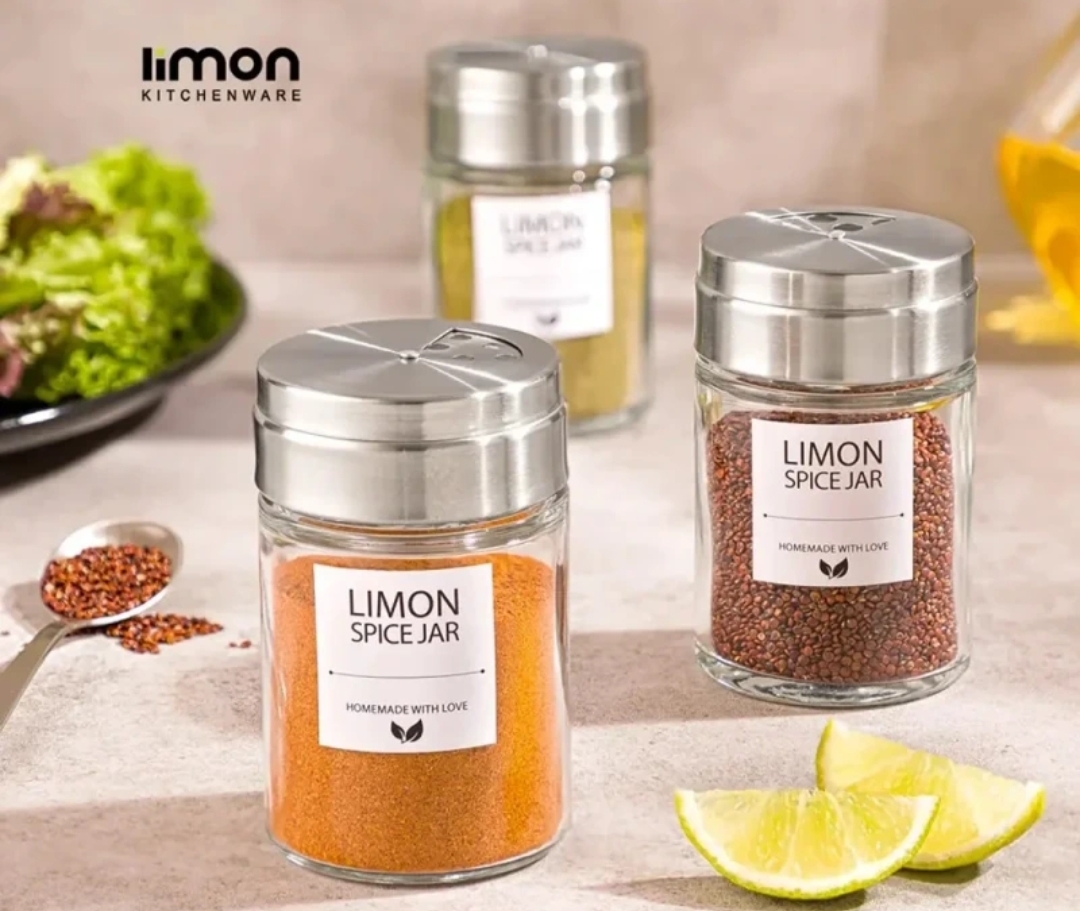 جا ادویه شیشه ای 200cc درب استیل(لیمون) 2478